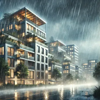 A realistic scene of heavy rain and stormy weather in Norway, featuring modern buildings with flat roofs. The rain is pouring down, and the wind is strong
