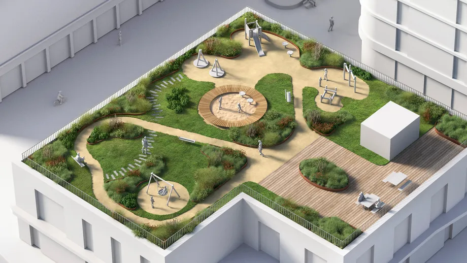 An architect model of a building with a terrace roof that has a playground and green areas for restitution